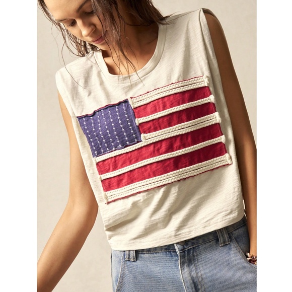 100% Cotton American Flag Beige Round Neck Sleeveless Muscle Tee Shirt - Picture 6 of 8